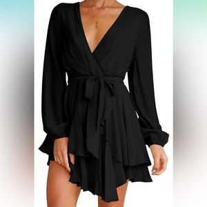 - Cosonsen Womens Skater Dress Deep V-Neck Lantern Sleeve Tie Waist Ruffle…